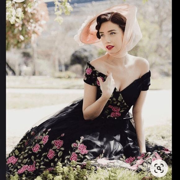 🌸 NWT Off Shoulder Retro Pinup Vintage 1950s Mesh Floral Embroidered Dress XL - Picture 3 of 16
